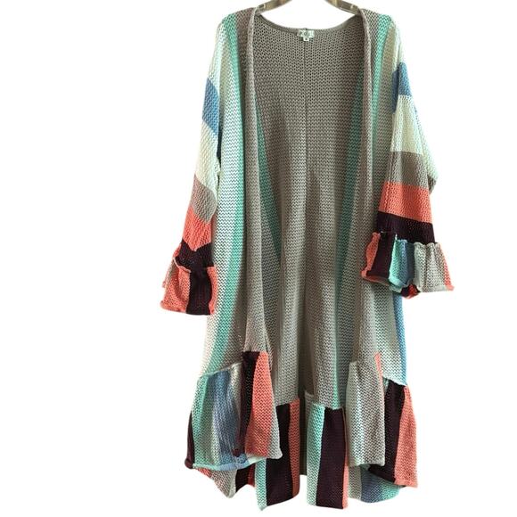 POL colorblock ruffle trim long duster cardigan oversized soft cozy knit boho S - Picture 5 of 13